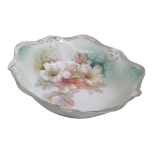 Rs Germany Porcelain Large Floral Pink Lily Flowers Green Bowl