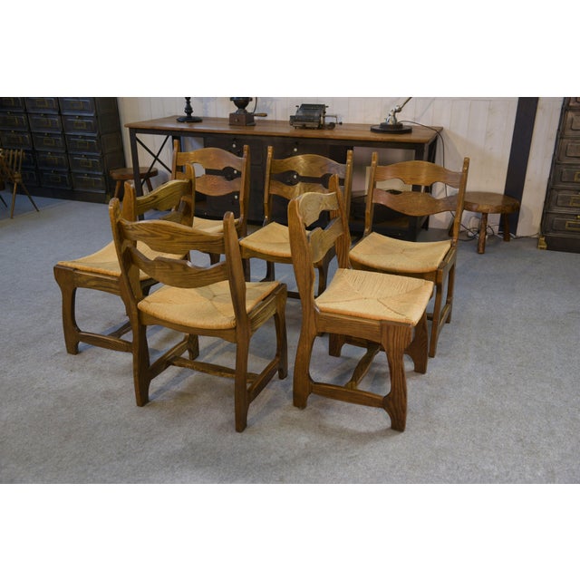 Oak Chairs with Straw Seats in the style of Guillerme et Chambron, 1950s, Set of 6 For Sale - Image 12 of 15