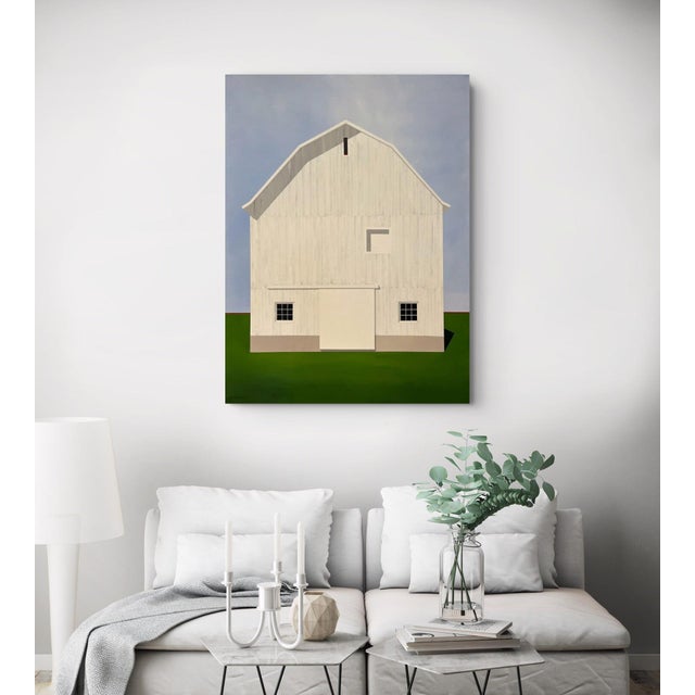 El Guapo by Justin Wheatley | Acrylic on Canvas White Barn With Green Field For Sale - Image 11 of 11