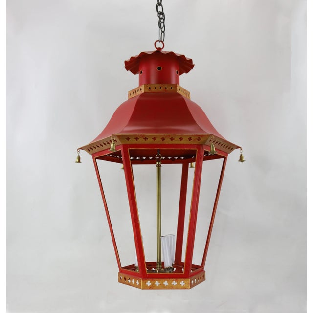 Chinoiseries Two-tiers Pagoda Ceiling Chandelier. red/gold with bells. There is a 12" chain with canopy to the ceiling. No...