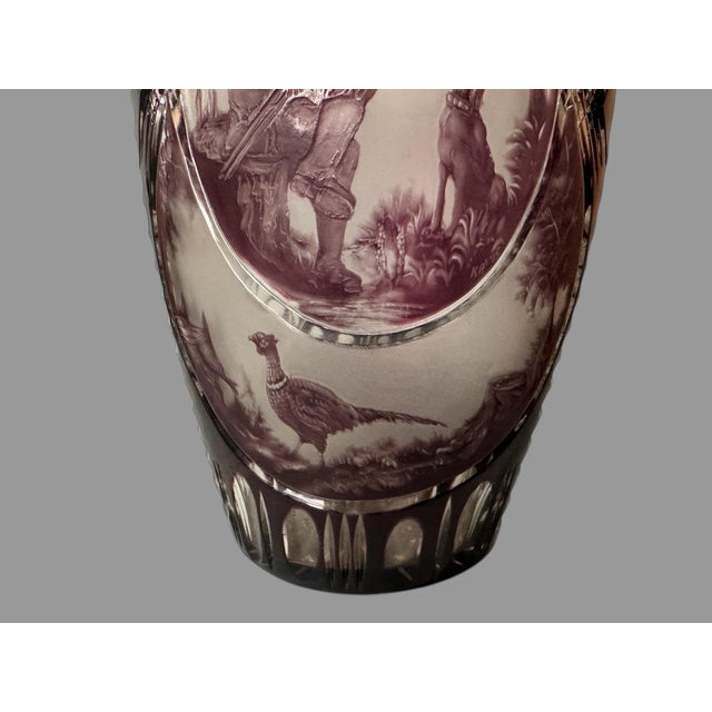Glass Mid 20th Century Dresden Amethyst Cut to Clear Art Glass Vase With Landscape Hunting Scene For Sale - Image 7 of 11