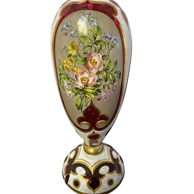 Antique Bohemian Cranberry Cut Glass Vase With Hand-Painted Enamel Flowers, Overlay, and Gilt. 12.75” Early 1900s Romantic Victorian For Sale - Image 4 of 12