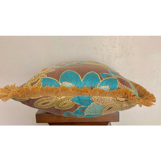 Early 21st Century Large Rectangular Brown and Turquoise Floral Pillow With Jute Raffia Fringe For Sale - Image 5 of 6