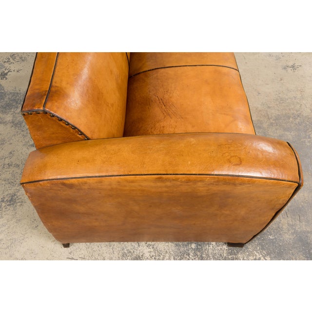 1920s French Art Deco Cognac Leather Club Sofa For Sale - Image 10 of 18