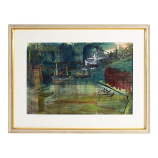 Abstract Watercolor Painting of a Harbor by Szuba For Sale