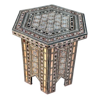 Vintage Marquetry Wood Inlay & Mother-of-Pearl Hexagonal Side Table For Sale
