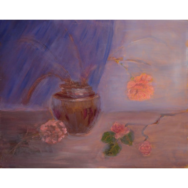Gorgeous American impressionist still life oil painting of a dark brown vase with stems of pink roses in front of a...
