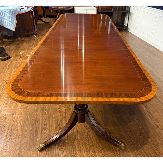 Traditional Multi-Banded Mahogany Dining Table by Leighton Hall - Showroom Sample For Sale - Image 13 of 18