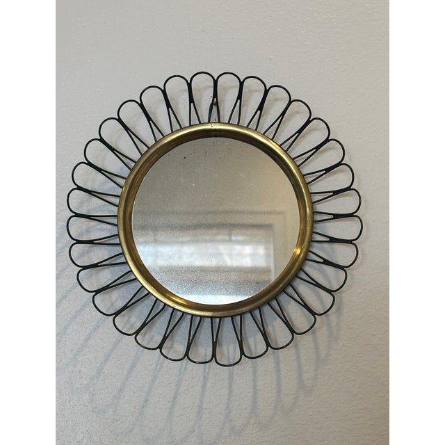 Mid 20th Century Petite Scale Modernist French Round Brass Sunburst Loop Mirror, 1950s For Sale - Image 5 of 15