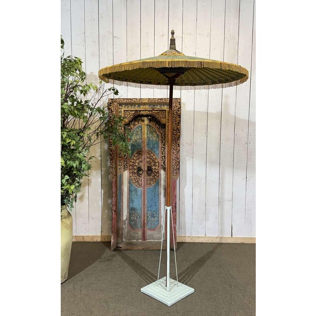 Indonesian Parasol in Wallpaper, Wood and Wool, 1950s For Sale - Image 3 of 17