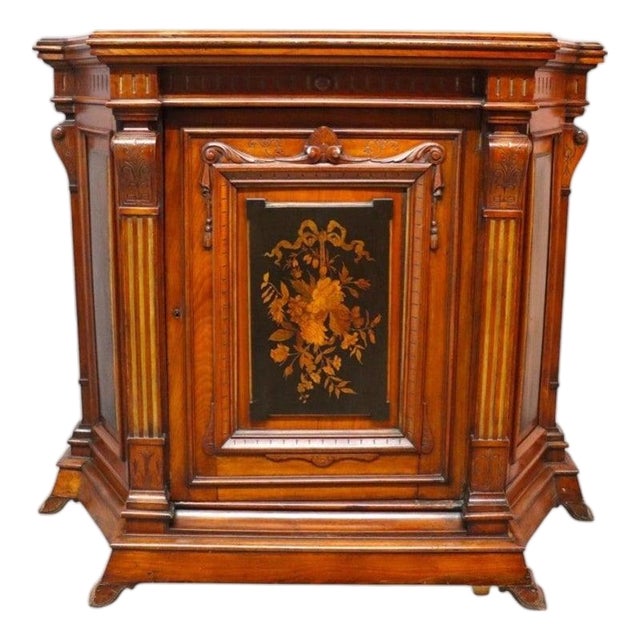 Late 19th Century Renaissance Revival Ebonized Walnut Paneled Credenza With Marquetry & Inlay For Sale