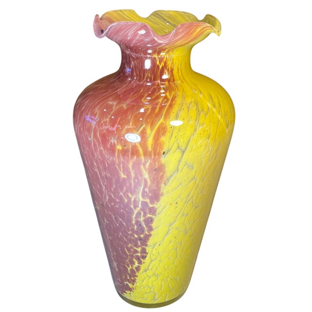 Contemporary Vintage 14 In. Tall Murano Pink Yellow Spatter Confetti Vase For Sale - Image 3 of 18