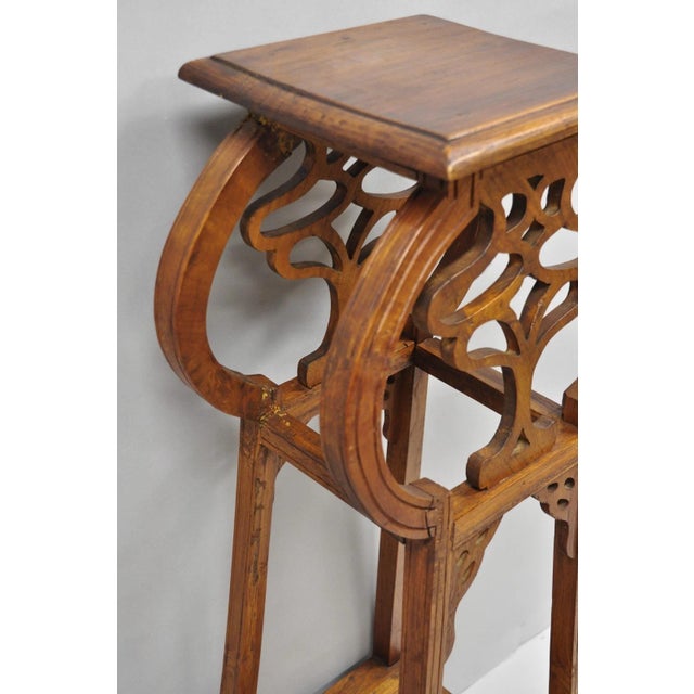 Vintage French Art Nouveau Style Carved Teak Pedestal Plant Stand Side Table For Sale - Image 14 of 18