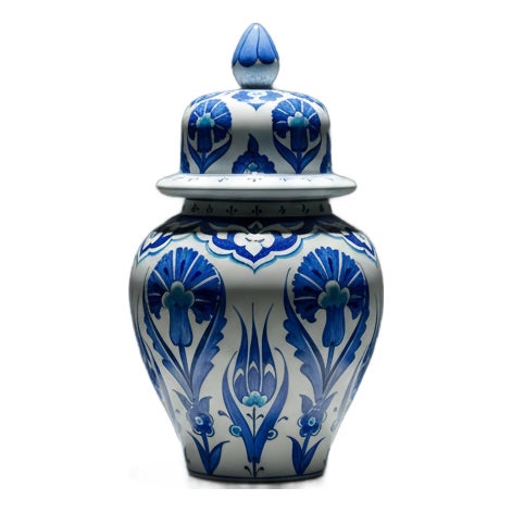 Handmade Ceramic “Kupecik” Ginger Jar (20cm) – Blue Iznik Tulips on Stippled Dotwork – Lidded Vase For Sale