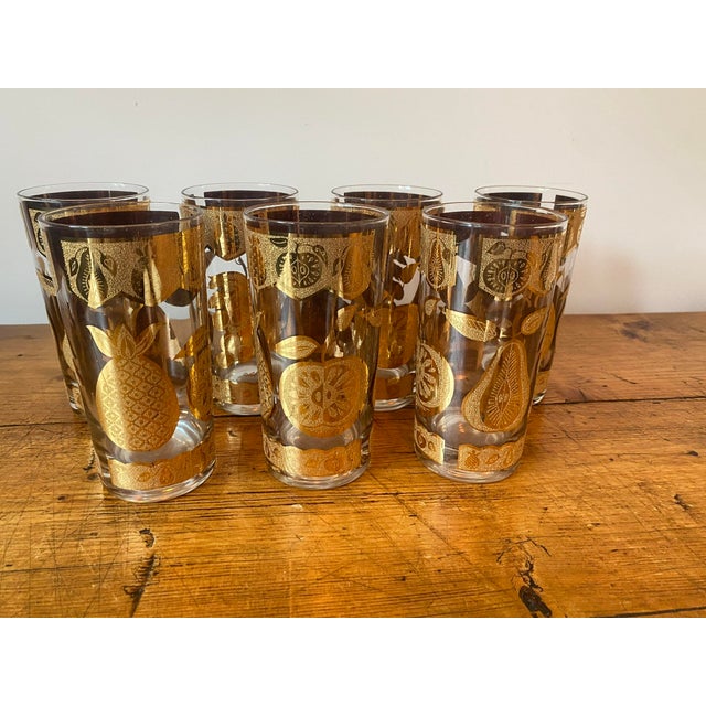 Beautiful Vintage Textured 22k gold Culver Highball Glasses with a Fruit Motif - Pear, Apple, Grapes & Pineapple design....
