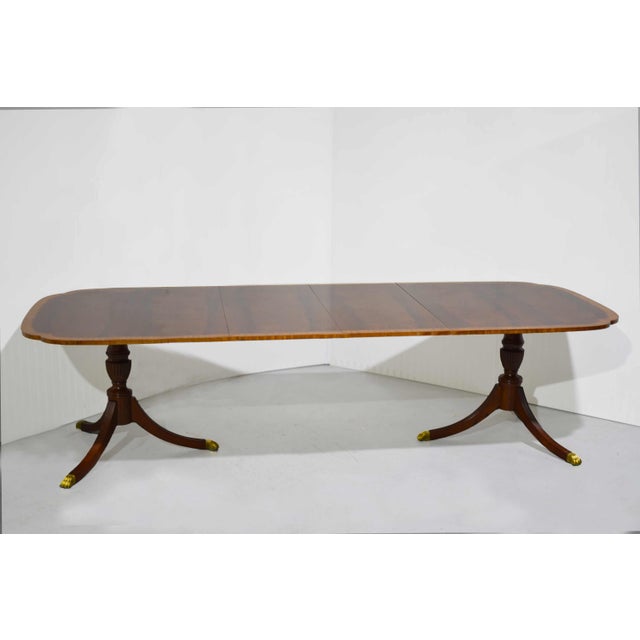 English Mid Century Flame Mahogany Banded Dining Table With Extensions 116in For Sale - Image 3 of 12