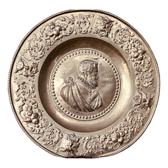 Large Antique Copper Decorative Plate with Henry IV Portrait, 1901 For Sale