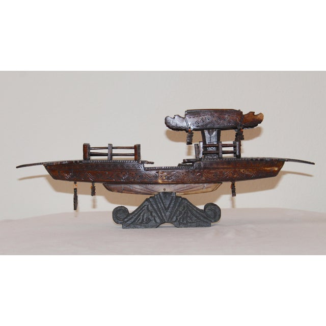 Chinese Antique Early 1900s Chinese Dragon Boat Figurine With Pagoda Detail and Bone Inlay For Sale - Image 3 of 16