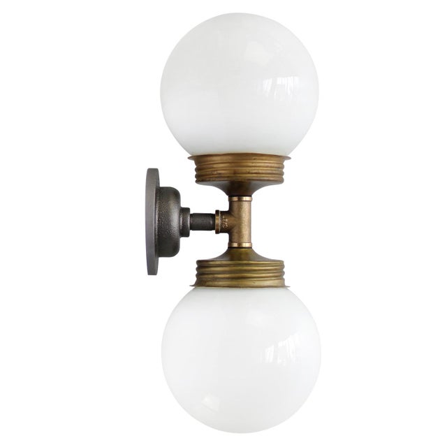 Vintage Double Sconce Wall Lamp in Cast Iron, Opaline Glass and Brass For Sale - Image 10 of 10