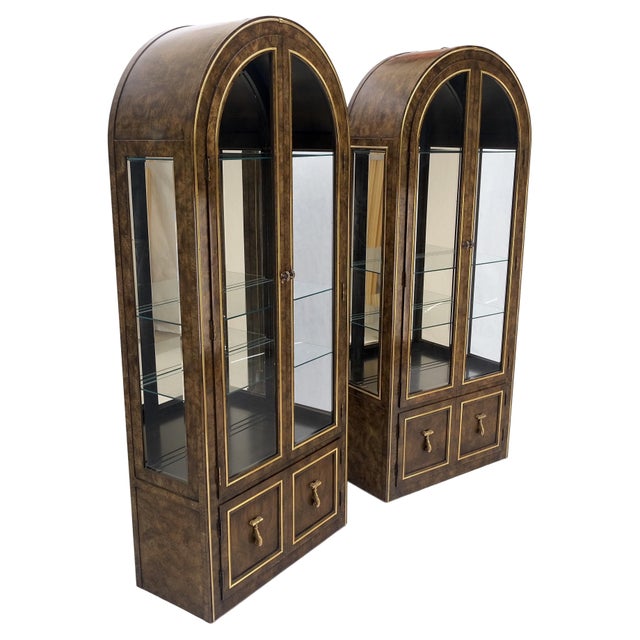 Pair Mastercraft dome shape burl wood curio display cabinets w shelves lights.