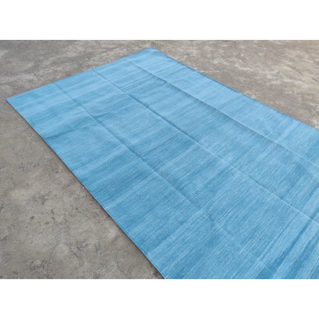 Textile Handmade Cotton Vegetable Dyed Reversible Solid Sky Blue Rug Dhurrie - 9'x12' For Sale - Image 7 of 11