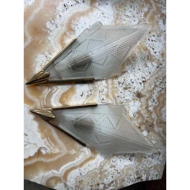 1970s Paris Flea Market, Art Deco Brass Sconces With Detailed Glass - Pair For Sale - Image 10 of 12