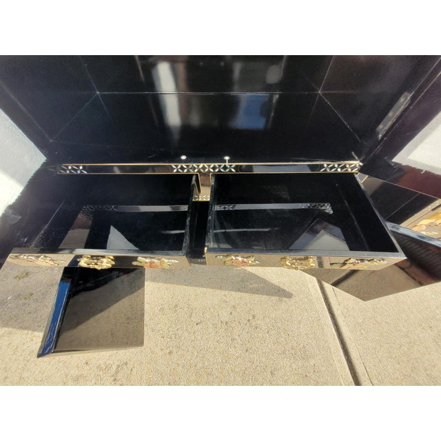 Vintage Asian Black Lacquer Mother-of-Pearl Inlaid Two-Piece China/Display Cabinet For Sale - Image 4 of 7