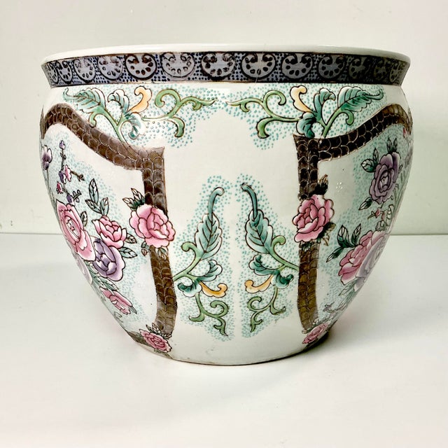 Pink Vintage Chinoiserie Boho Chic Hollywood Regency Pink Famille Rose Koi Fish Bowl Planter. For Sale - Image 8 of 13