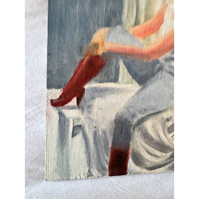 1970s Vintage Impressionist Oil Painting of Seated Woman in Burgundy Boots, Unsigned Figurative Portrait, For Sale - Image 5 of 6