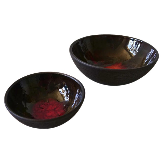 Vintage Ceramic Bowls with Red/Orange Glaze from Lehmann Denma, 1960s, Set of 2 For Sale