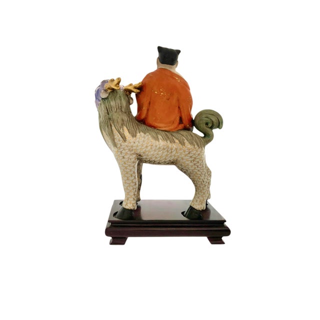 Wood Late 20th Century Chinese Porcelain Immortals Riding Dragon on Wood Base, Folk Art Figurine, 12"h For Sale - Image 7 of 11