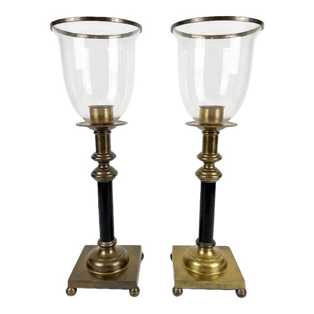 Regency Style Brass Hurricane Lamps, Neoclassical Candlesticks With Glass Shades For Sale