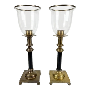 Regency Style Brass Hurricane Lamps, Neoclassical Candlesticks With Glass Shades