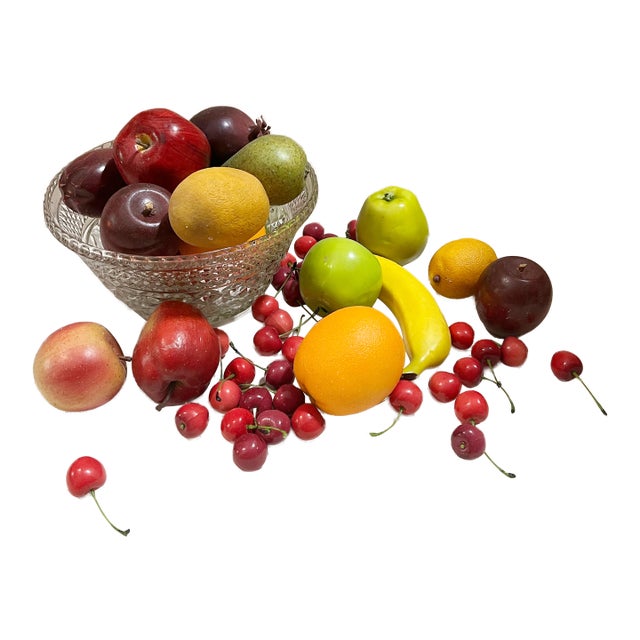 50 Pieces of Vintage Faux Fruits in Large Glass Bowl For Sale