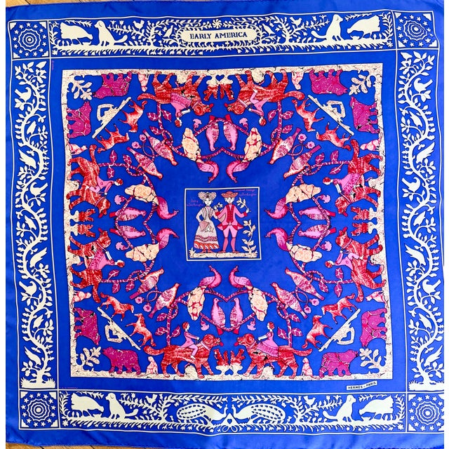 Hermès Early America 1 Silk Scarf 1981 This delightful Hermes scarf pays homage to 18th-century American folk art, with a...