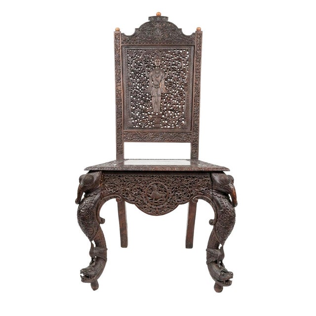 Exquisitely carved late 1800s Century mahogany Anglo-Indian Side Chair. See pics for some light cracks to upper legs,...
