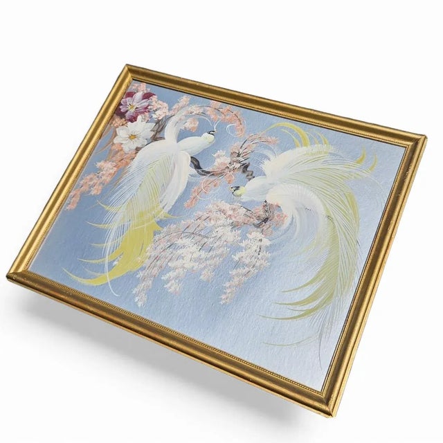 This rare mid‑century bird painting is rendered on a showstopping silver board, creating a luminous backdrop that enhances...
