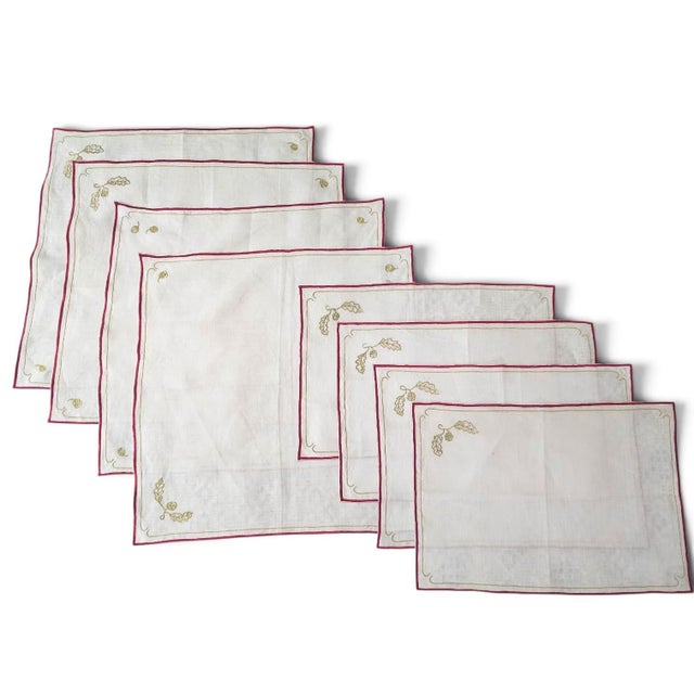 An elegant vintage eight-piece table linen collection by Lynn Chase, featuring beautifully embroidered oak leaves and...