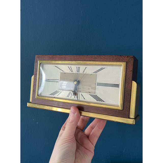 Mid Century Seth Thomas Clock, Tony Paul Brass Walnut Bookends, Atomic Desk Decor For Sale - Image 13 of 18