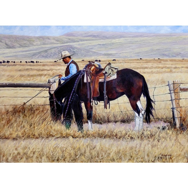 American Gregory Eiselein- Cowboy in a Montana Ranch Landscape -Oil Painting For Sale - Image 3 of 10