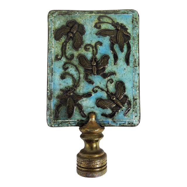 Old Chinese Turquoise Cloisonné Enamel Brass Lamp Finial With Moths and Butterflies For Sale