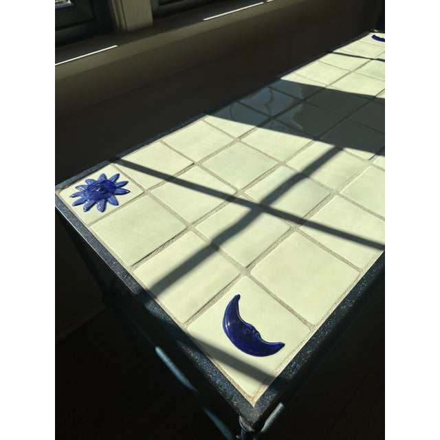 Vintage Mid-Century Modern Italian Wrought Iron and Majolica Tile Coffee Table – Celestial Sun & Moon For Sale In Boston - Image 6 of 17