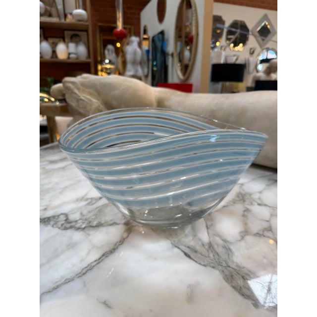 Modern 1970s Murano Art Glass Bowl With Blue Stripes For Sale - Image 3 of 4