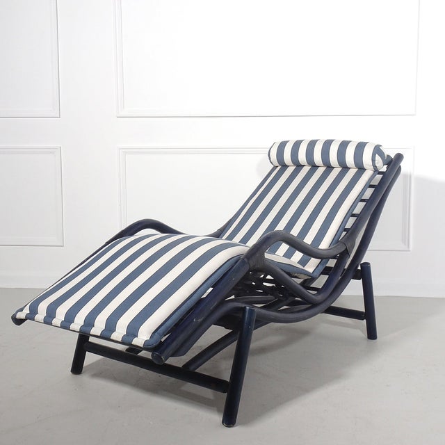 German bamboo lounger by Fletch Atelier Schütz. Leather wrapping. Lounger sits atop bamboo base. Navy blue finish with...