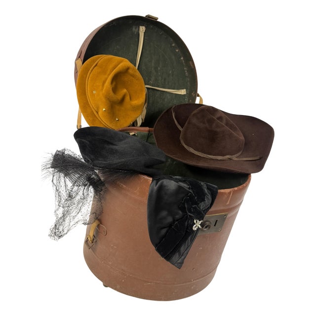 Antique Hat Box in Lined Cardboard and Leather, 1890s For Sale