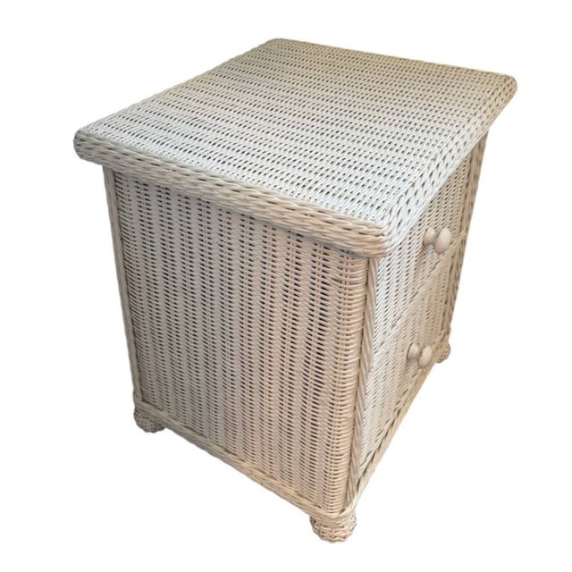 1970s Pair, Wicker, End Tables, Vintage All Wood, Wicker Exterior For Sale - Image 5 of 10