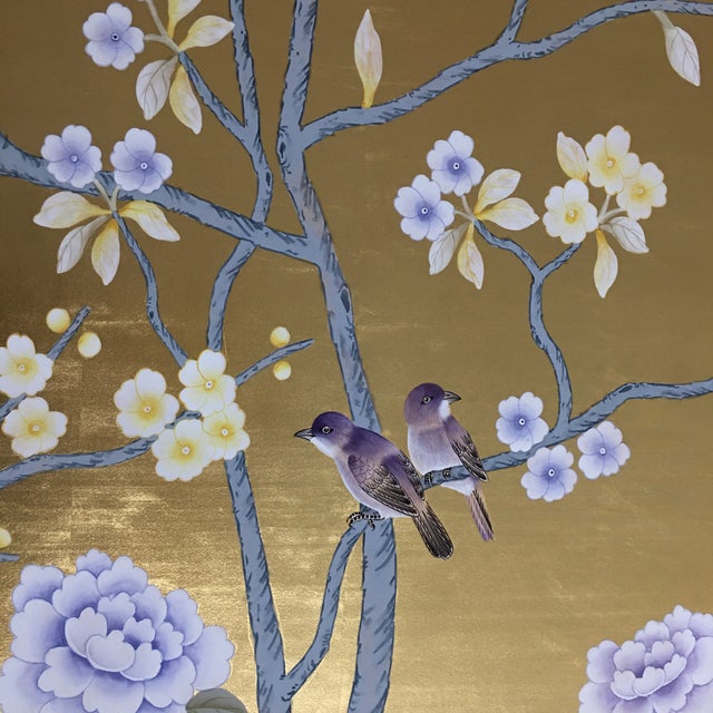 Chinoiserie Gold Leaf Chinoiserie Hand-Painted Lavender Peony & Peacock Wall Panels (Set of 2) For Sale - Image 3 of 3