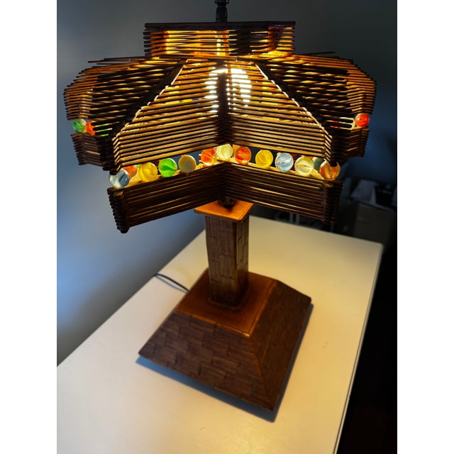Folk Art Beautiful Vintage Tramp Art - Popsicle Stick/Matchstick/Marble Lamp For Sale - Image 3 of 10