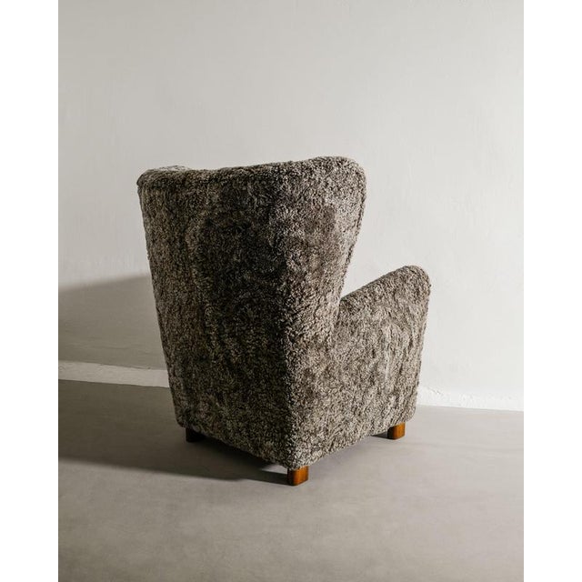 Early Mid-Century Danish Modern Wingback Armchair in Grey Sheepskin by Thorald Madsen, 1940s For Sale - Image 4 of 7