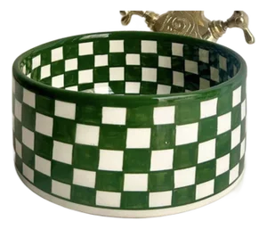 Green Bohemian Check Paint Vessel Sink with Brass Drain